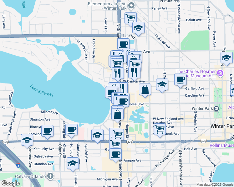 map of restaurants, bars, coffee shops, grocery stores, and more near 151 North Orlando Avenue in Winter Park