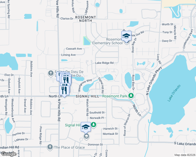 map of restaurants, bars, coffee shops, grocery stores, and more near 4679 Westgrove Way in Orlando