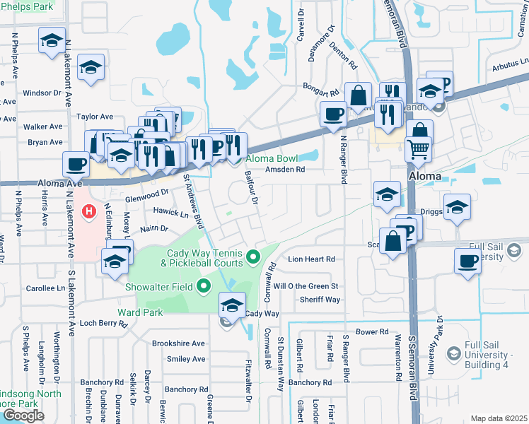 map of restaurants, bars, coffee shops, grocery stores, and more near 226 Balfour Drive in Winter Park