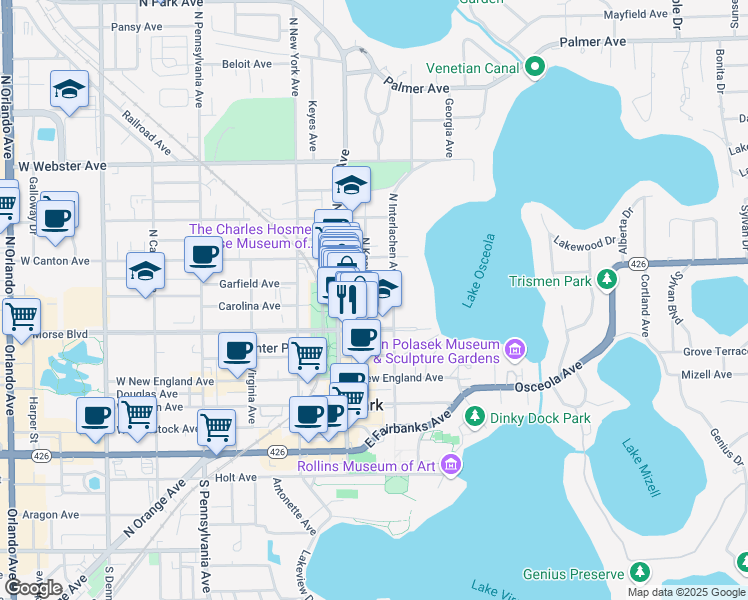 map of restaurants, bars, coffee shops, grocery stores, and more near 210 North Knowles Avenue in Winter Park
