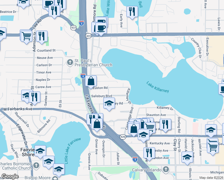 map of restaurants, bars, coffee shops, grocery stores, and more near 2460 Euston Road in Winter Park