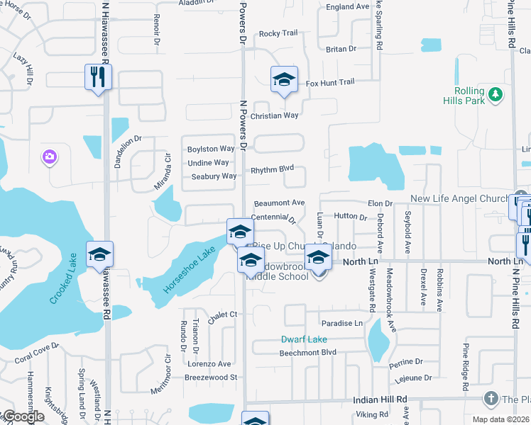 map of restaurants, bars, coffee shops, grocery stores, and more near 6219 Centennial Drive in Orlando