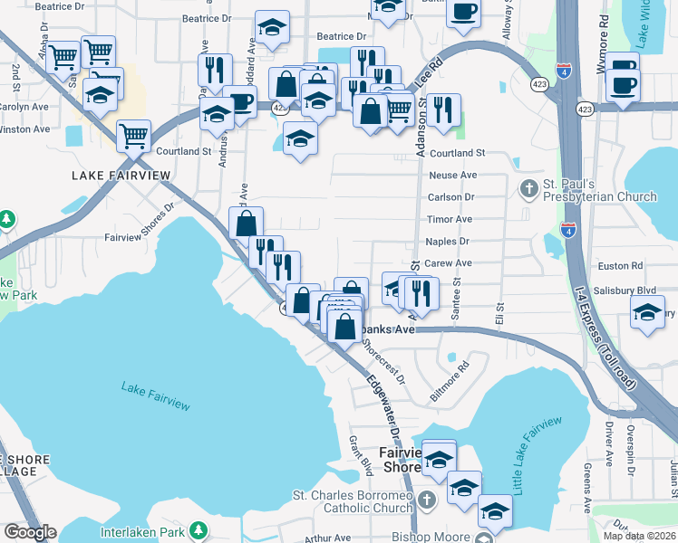 map of restaurants, bars, coffee shops, grocery stores, and more near 4467A Fairview Avenue in Orlando