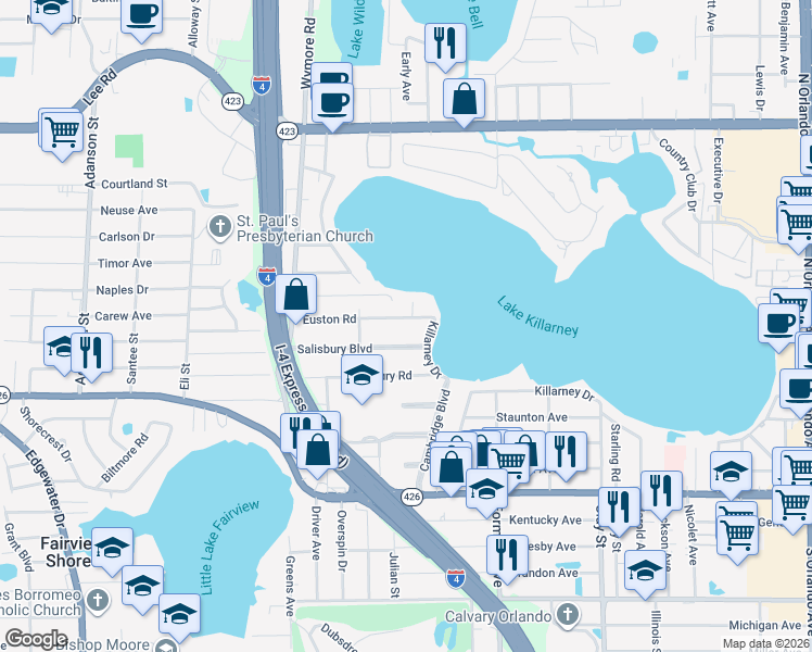 map of restaurants, bars, coffee shops, grocery stores, and more near 2414 Euston Road in Winter Park
