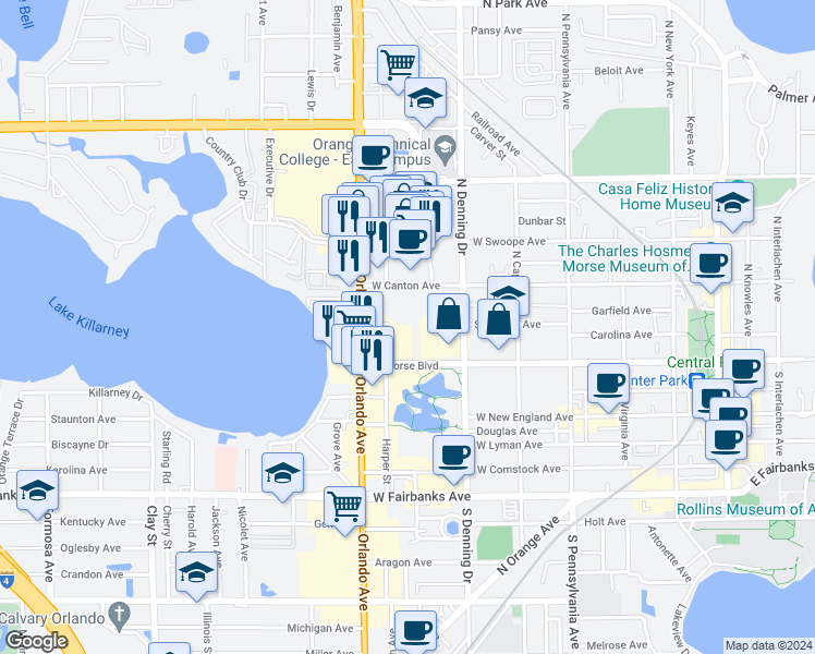 map of restaurants, bars, coffee shops, grocery stores, and more near 1079 West Morse Boulevard in Winter Park