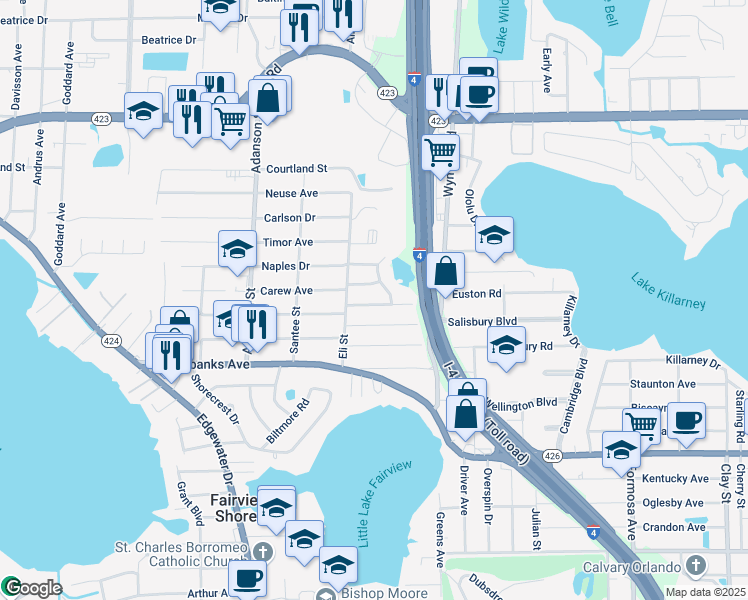 map of restaurants, bars, coffee shops, grocery stores, and more near 2871 Euston Road in Winter Park