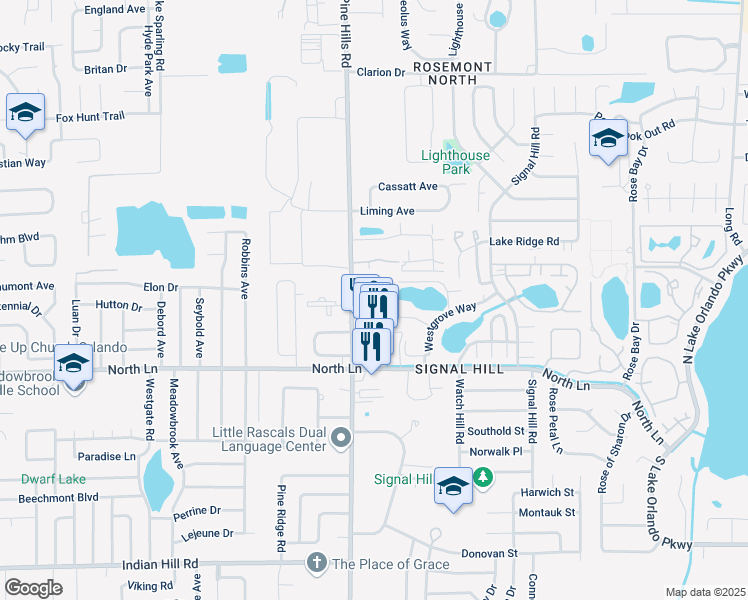 map of restaurants, bars, coffee shops, grocery stores, and more near 4643 North Pine Hills Road in Orlando