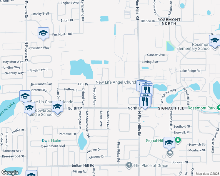 map of restaurants, bars, coffee shops, grocery stores, and more near 4613 Robbins Avenue in Orlando