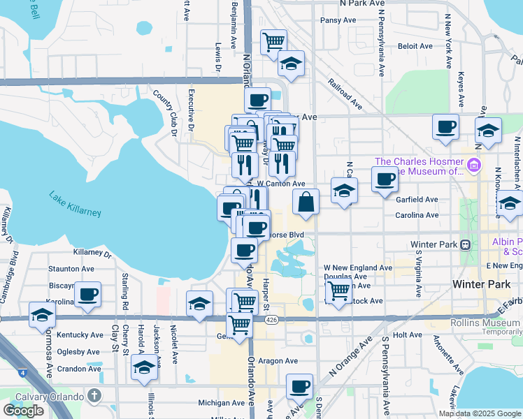 map of restaurants, bars, coffee shops, grocery stores, and more near 1100 Symonds Avenue in Winter Park