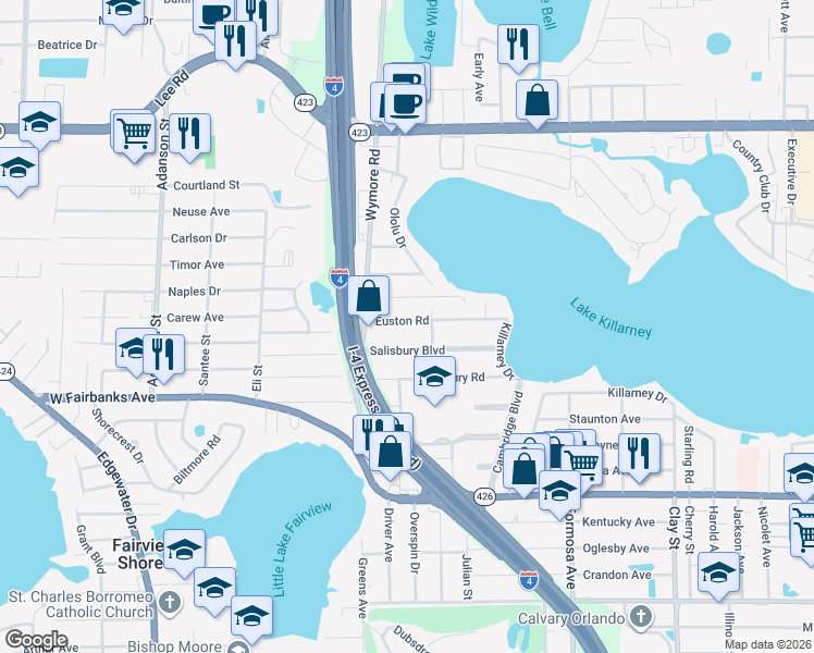 map of restaurants, bars, coffee shops, grocery stores, and more near 2580 Euston Road in Winter Park