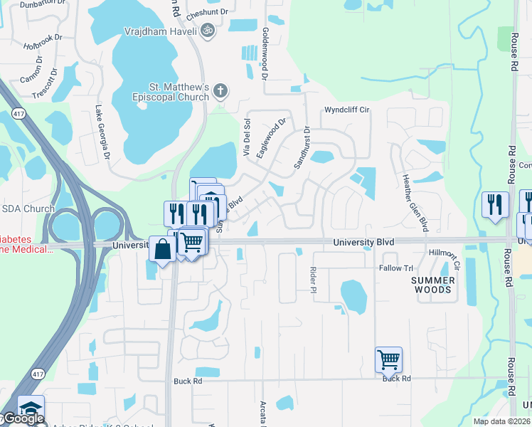 map of restaurants, bars, coffee shops, grocery stores, and more near 4062 Bolinas Court in Orlando