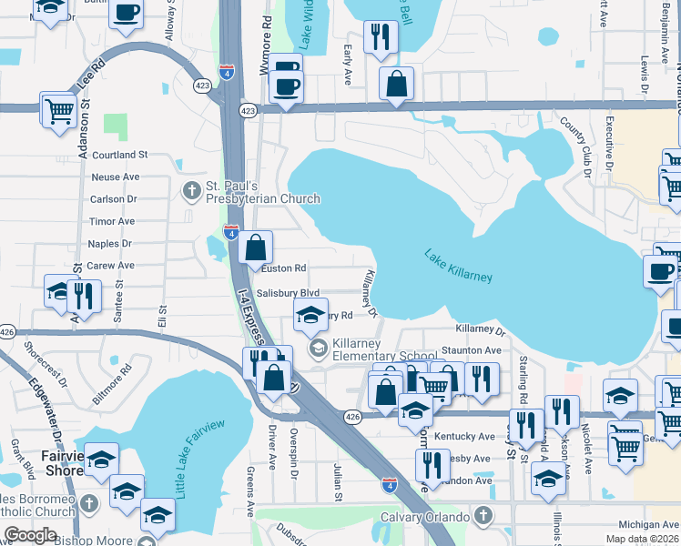 map of restaurants, bars, coffee shops, grocery stores, and more near 2414 Euston Road in Winter Park