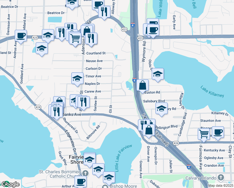 map of restaurants, bars, coffee shops, grocery stores, and more near 2871 Euston Road in Winter Park