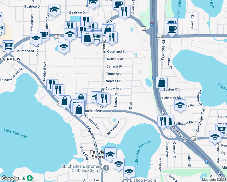 map of restaurants, bars, coffee shops, grocery stores, and more near 776 Carew Avenue in Orlando