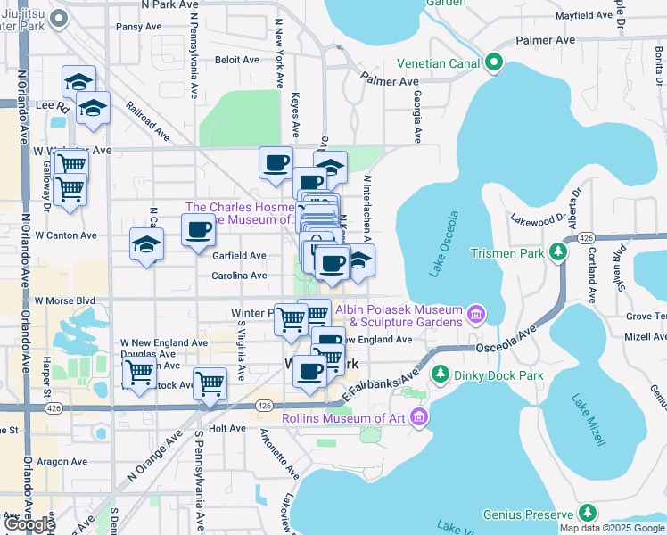 map of restaurants, bars, coffee shops, grocery stores, and more near 214 North Park Avenue in Winter Park