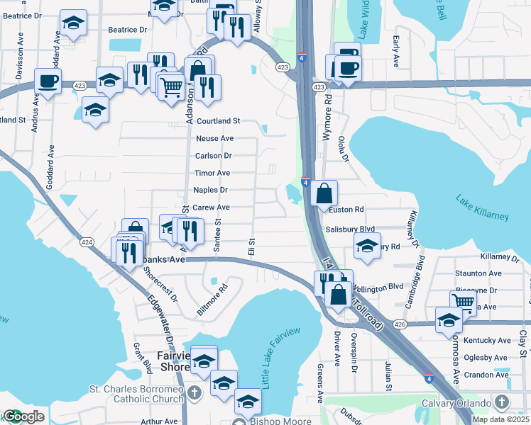 map of restaurants, bars, coffee shops, grocery stores, and more near 2871 Euston Road in Winter Park