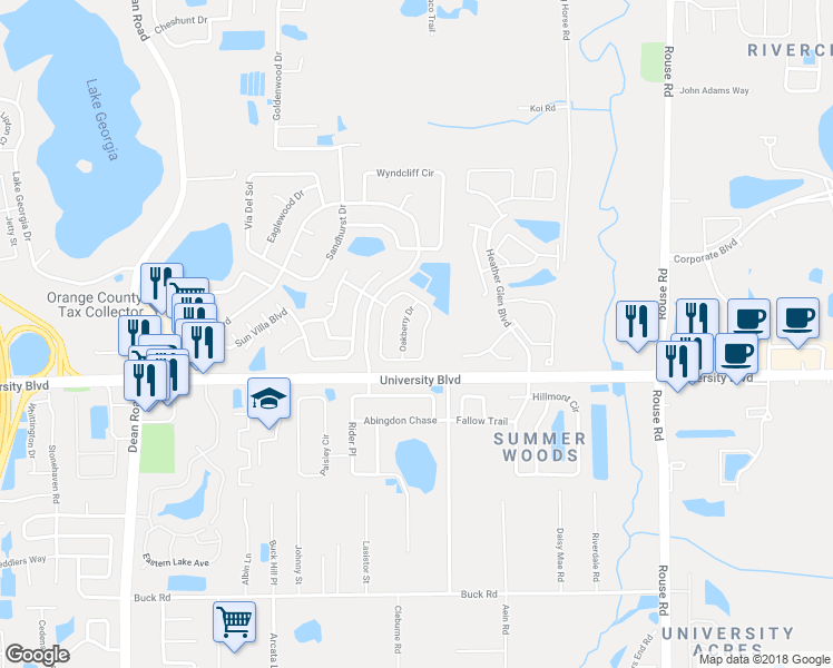 map of restaurants, bars, coffee shops, grocery stores, and more near 10731 Cherry Oak Circle in Orlando