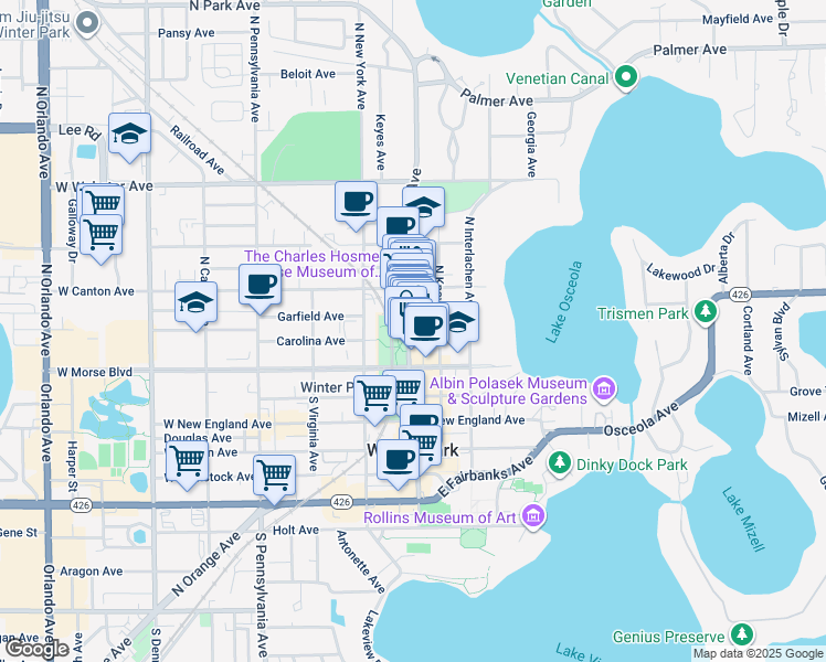 map of restaurants, bars, coffee shops, grocery stores, and more near 214 North Park Avenue in Winter Park