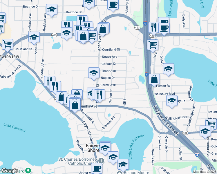 map of restaurants, bars, coffee shops, grocery stores, and more near 776 Carew Avenue in Orlando