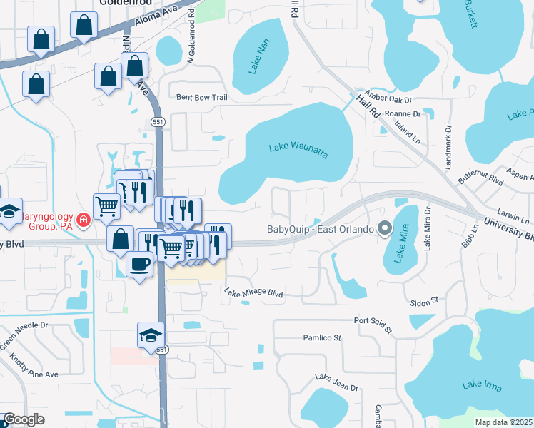 map of restaurants, bars, coffee shops, grocery stores, and more near 4050 Tenita Drive in Winter Park