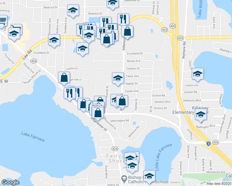 map of restaurants, bars, coffee shops, grocery stores, and more near 944 Carew Avenue in Orlando
