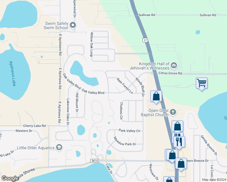 map of restaurants, bars, coffee shops, grocery stores, and more near 1210 Oak Valley Boulevard in Minneola