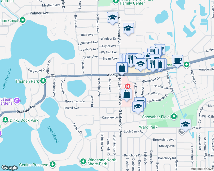 map of restaurants, bars, coffee shops, grocery stores, and more near 1781 Goodrich Avenue in Winter Park