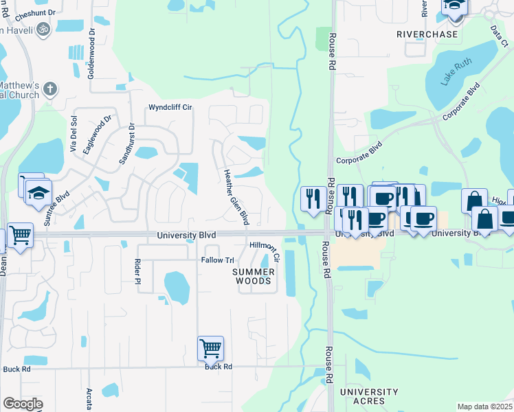 map of restaurants, bars, coffee shops, grocery stores, and more near 10825 Heather Ridge Circle in Orlando