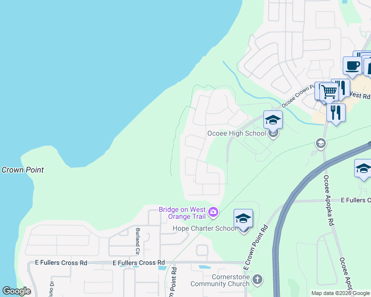 map of restaurants, bars, coffee shops, grocery stores, and more near 1892 Merrivale Loop in Ocoee