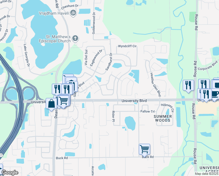 map of restaurants, bars, coffee shops, grocery stores, and more near 10543 Rodondo Drive in Orlando