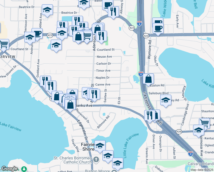 map of restaurants, bars, coffee shops, grocery stores, and more near 776 Carew Avenue in Orlando