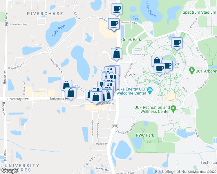 map of restaurants, bars, coffee shops, grocery stores, and more near 4100 North Alafaya Trail in Orlando