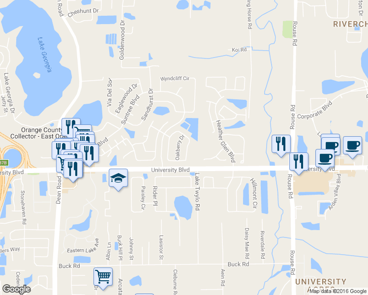 map of restaurants, bars, coffee shops, grocery stores, and more near 10735 Cherry Oak Circle in Orlando