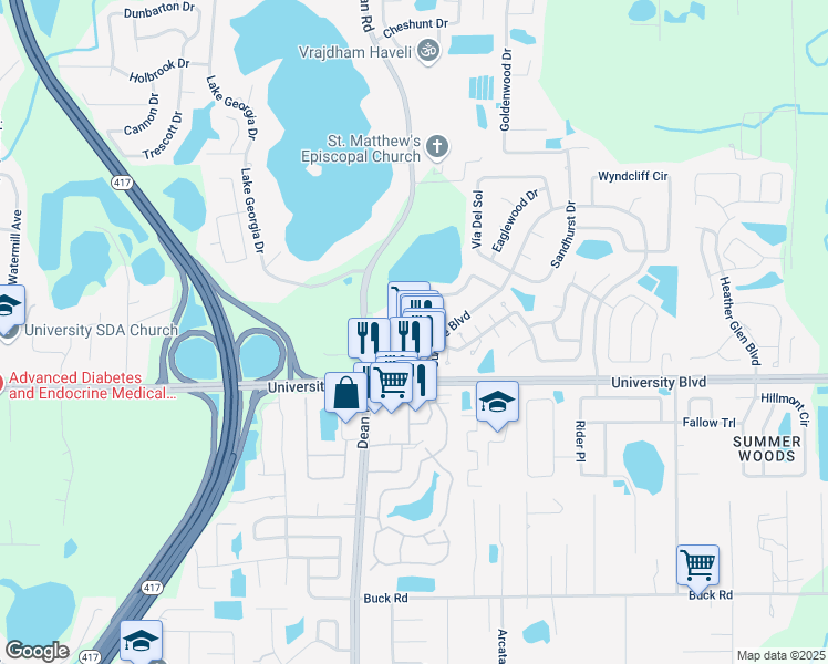 map of restaurants, bars, coffee shops, grocery stores, and more near 10115 University Boulevard in Orlando