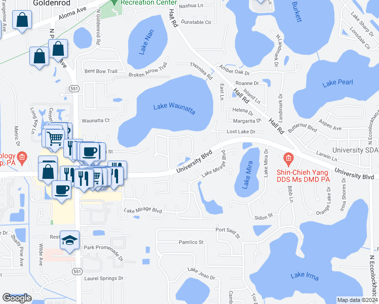 map of restaurants, bars, coffee shops, grocery stores, and more near 3948 Cool Water Court in Winter Park