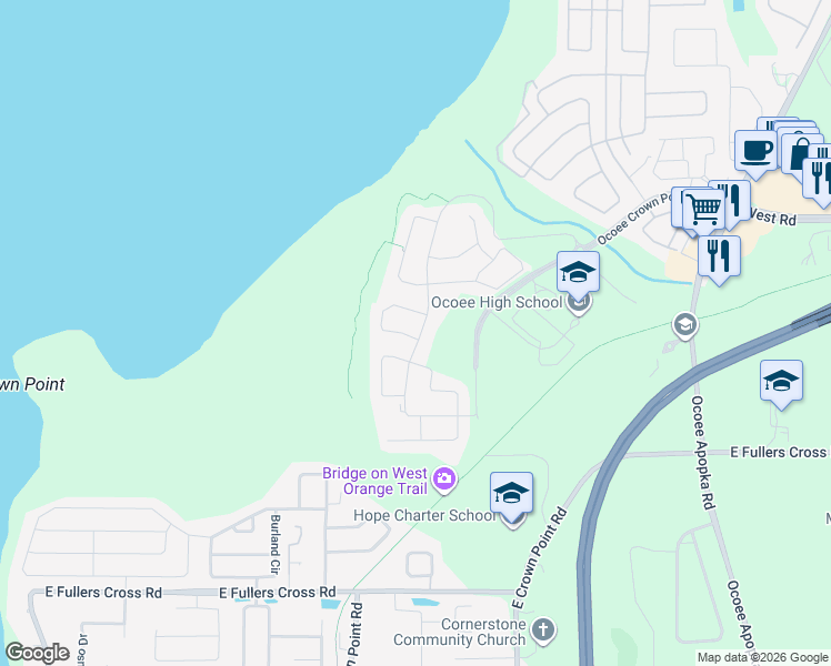 map of restaurants, bars, coffee shops, grocery stores, and more near 3025 Stonegate Drive in Ocoee