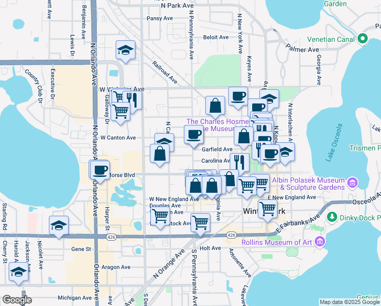 map of restaurants, bars, coffee shops, grocery stores, and more near 3 Israel Simpson Court in Winter Park