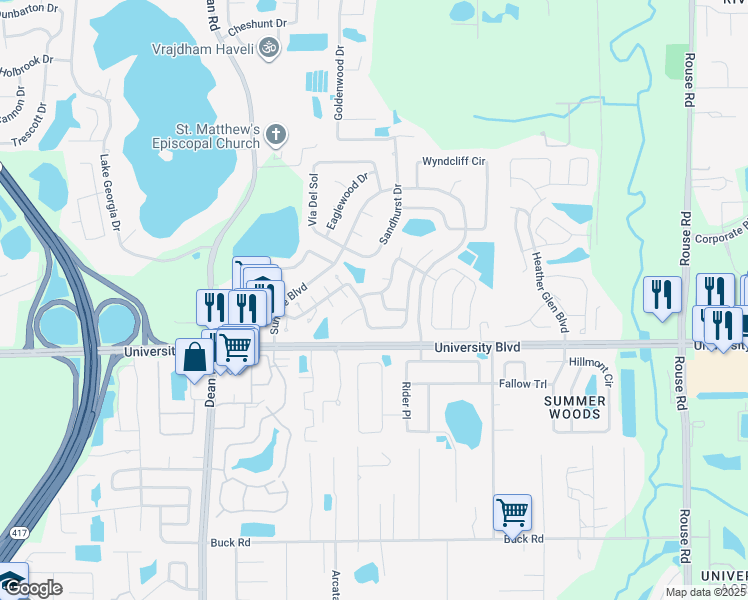 map of restaurants, bars, coffee shops, grocery stores, and more near 10543 Rodondo Drive in Orlando