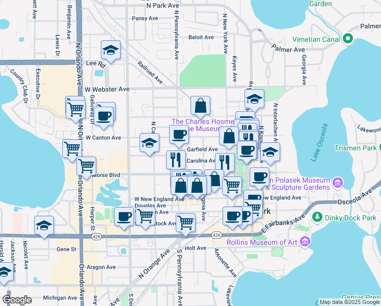 map of restaurants, bars, coffee shops, grocery stores, and more near 443 Carolina Avenue in Winter Park