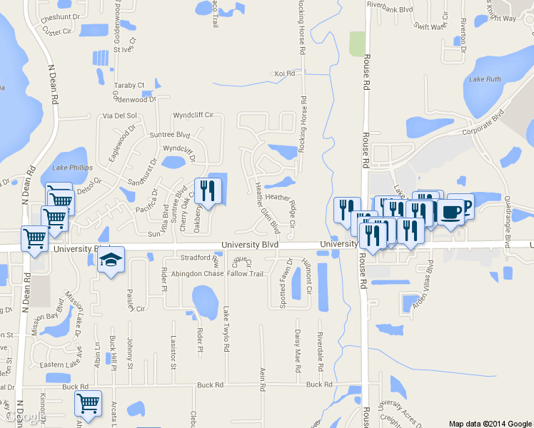 map of restaurants, bars, coffee shops, grocery stores, and more near 10825 Heather Ridge Circle in Orlando