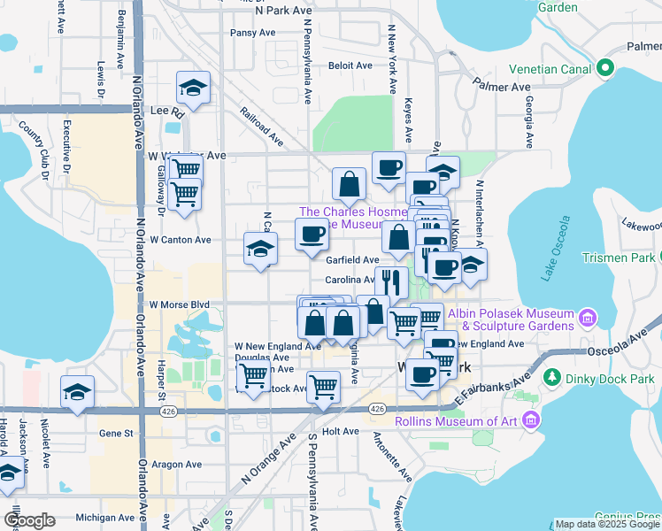 map of restaurants, bars, coffee shops, grocery stores, and more near 443 Carolina Avenue in Winter Park
