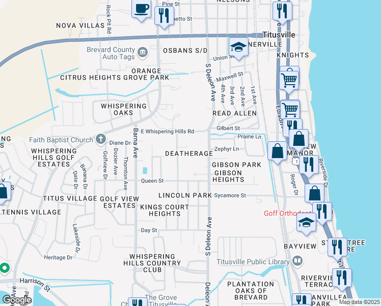 map of restaurants, bars, coffee shops, grocery stores, and more near 1165 Mockingbird Lane in Titusville