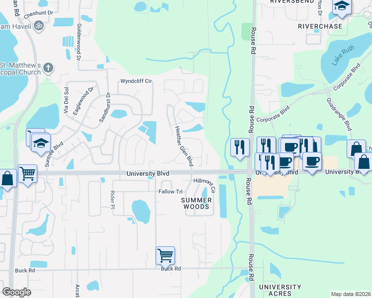 map of restaurants, bars, coffee shops, grocery stores, and more near 10825 Heather Ridge Circle in Orlando