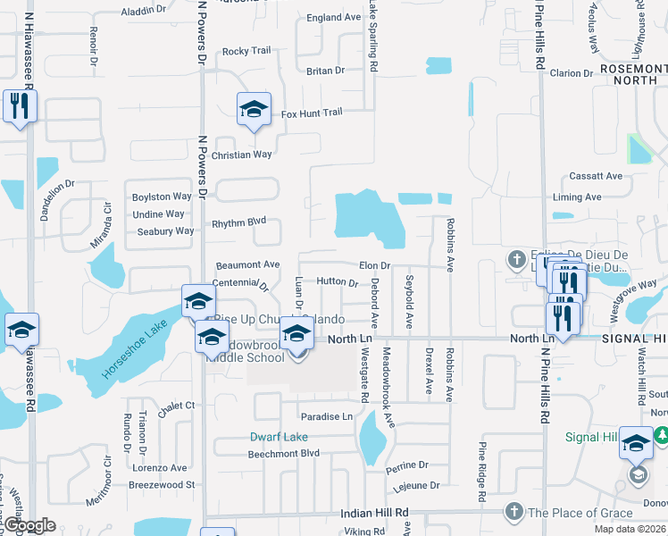 map of restaurants, bars, coffee shops, grocery stores, and more near 5843 Hutton Drive in Orlando