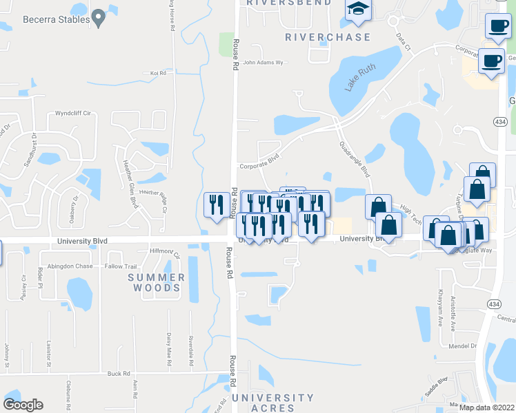 map of restaurants, bars, coffee shops, grocery stores, and more near Golden Knights Circle in Orlando