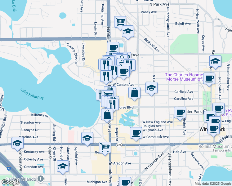map of restaurants, bars, coffee shops, grocery stores, and more near 1100 Symonds Avenue in Winter Park