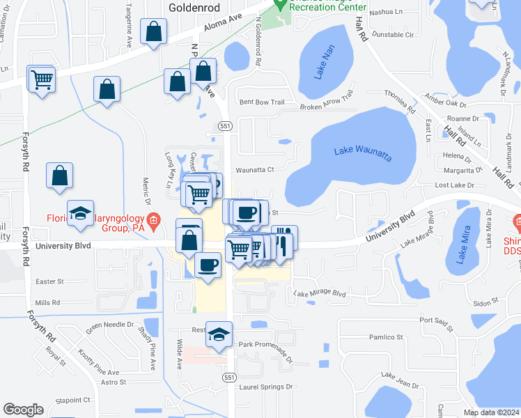 map of restaurants, bars, coffee shops, grocery stores, and more near 7641 Georgeann Street in Winter Park