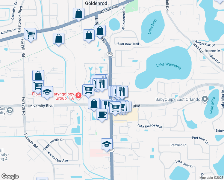 map of restaurants, bars, coffee shops, grocery stores, and more near 4073 North Goldenrod Road in Winter Park