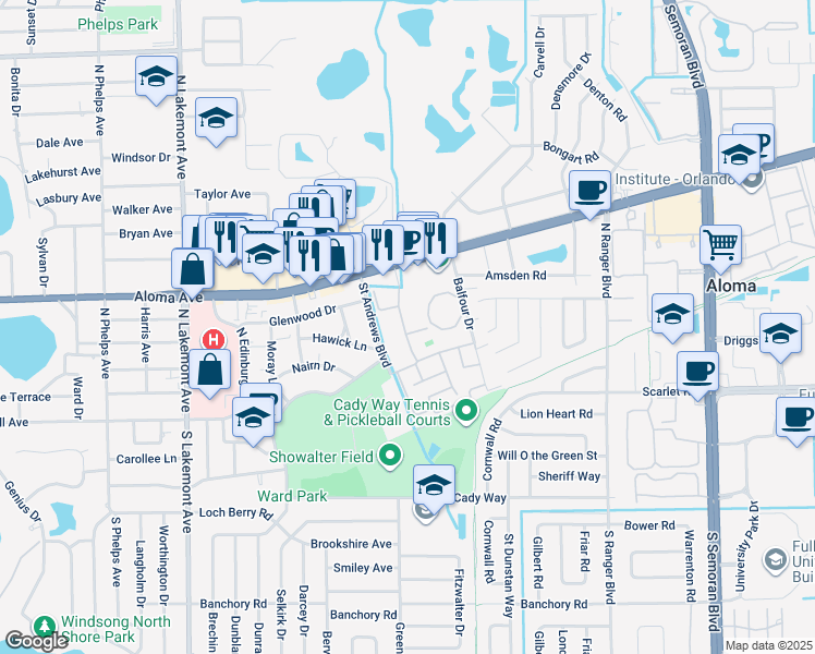 map of restaurants, bars, coffee shops, grocery stores, and more near 300 Village Lane in Winter Park