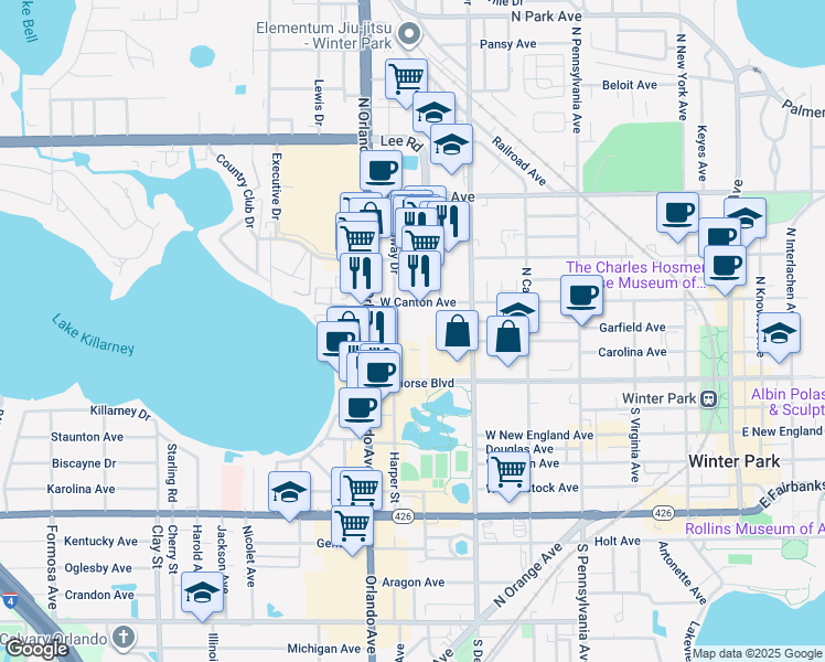map of restaurants, bars, coffee shops, grocery stores, and more near 1030 West Canton Avenue in Winter Park